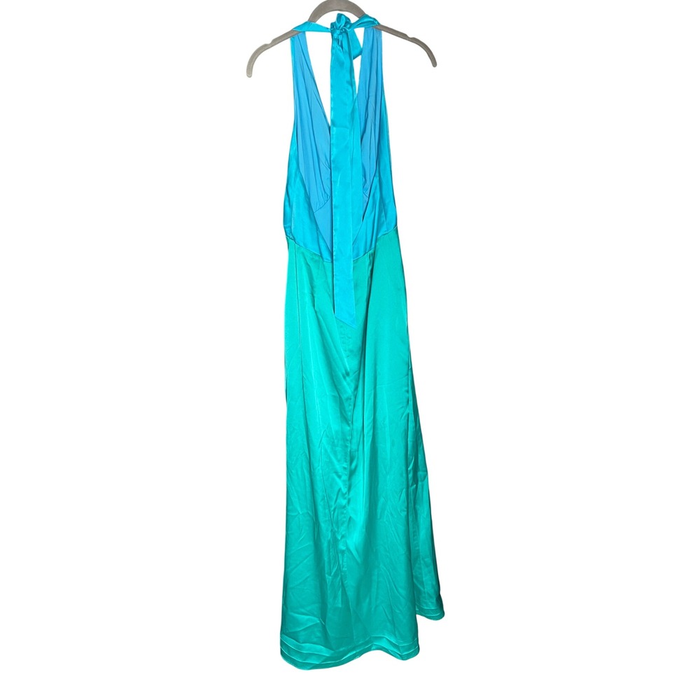 The Wolf Gang Oahu Satin Slip Dress Size Medium Halter Plunge Blue Green Maxi - Picture 5 of 11